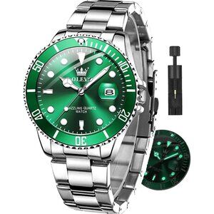 Olevs Men's Green Luxury  Stainless Steel Quartz Waterproof Wristwatch Watches